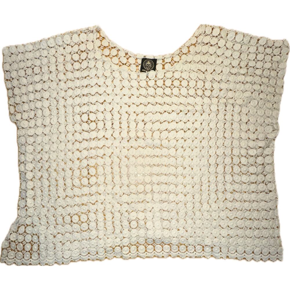 AUM Couture Handmade Crochet Mesh Blouse Cream Size L Summer Casual